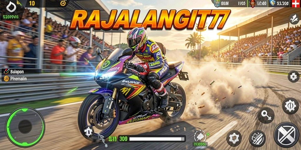 Tampilan gameplay mendebarkan RAJALANGIT77 saat balapan motor.