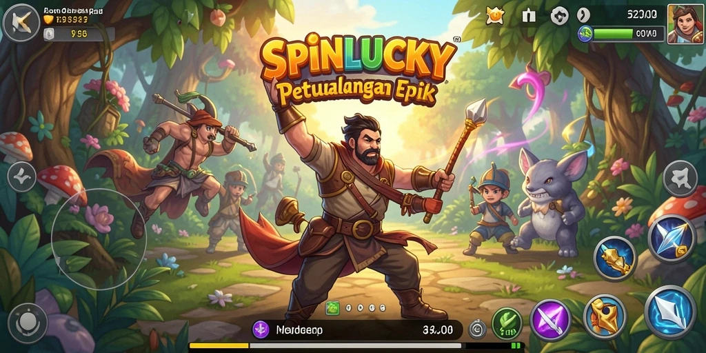 Tangkapan layar SPINLUCKY menampilkan pertarungan epik karakter dalam RPG.