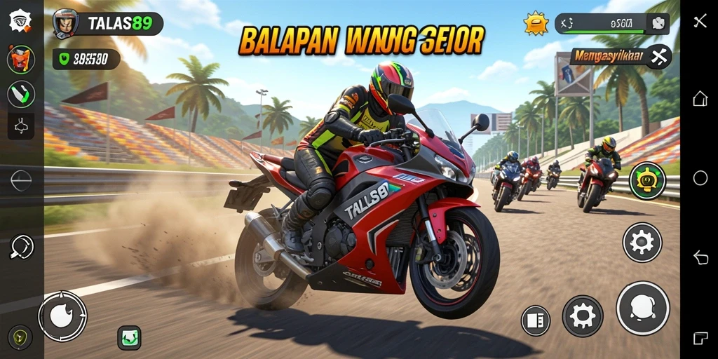 Gameplay balapan motor yang mendebarkan dan penuh aksi.